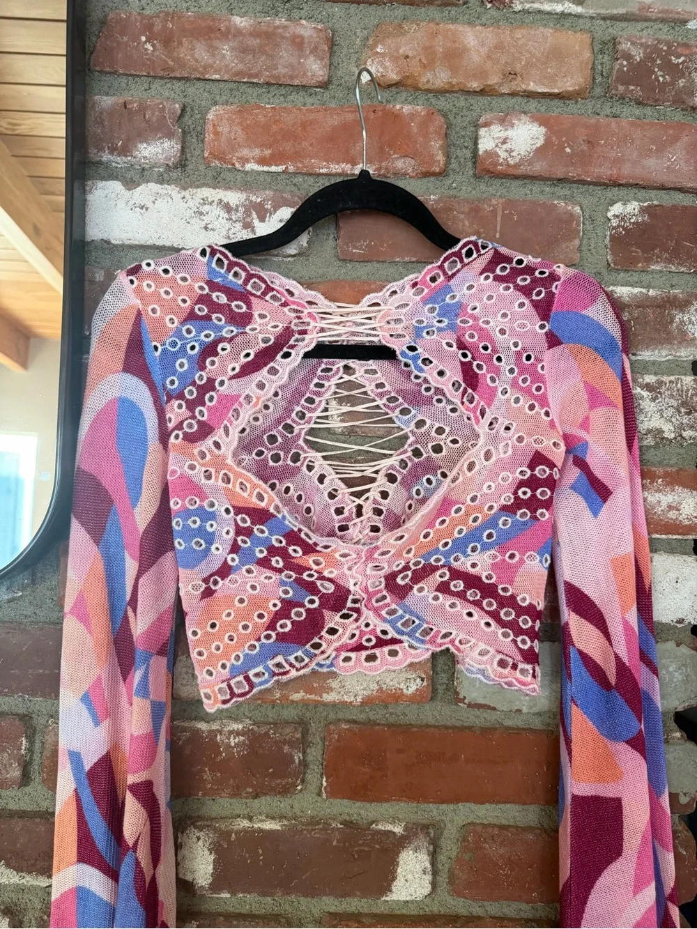 Free People Pink Multi-Color Crochet Lace-Up Crop Top